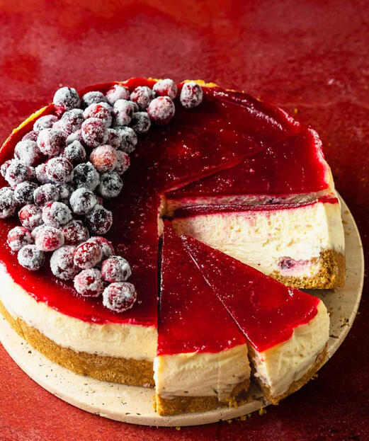 Montblanc Cheesecake Creamy cheesecake topped with jewel-like crystalberries in a shimmering glaze.
