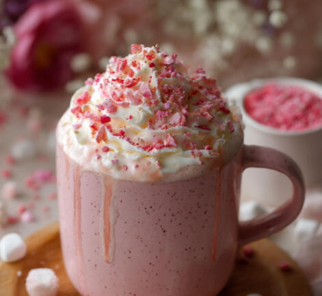 Kupo creme coffee A double shot of espresso, cinnamon, and milk topped with marshmallow cream and pink sprinkles
