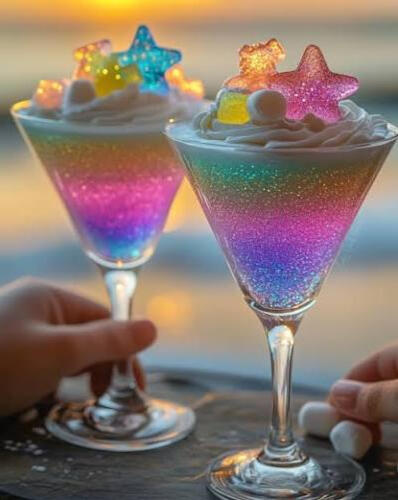 Ten Moogles martini Blended vodka, elderflower, red current, and other flavors stacked in a rainbow fashion. The frozen treat is topped with assorted gummies.